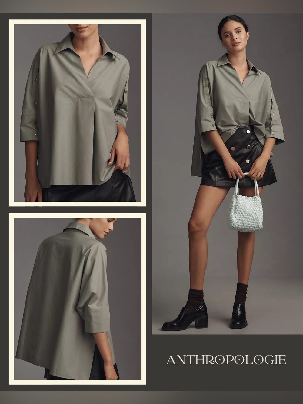 Anthropologie Button-Sleeve Blouse Sage Green Lightweight Top Size XS